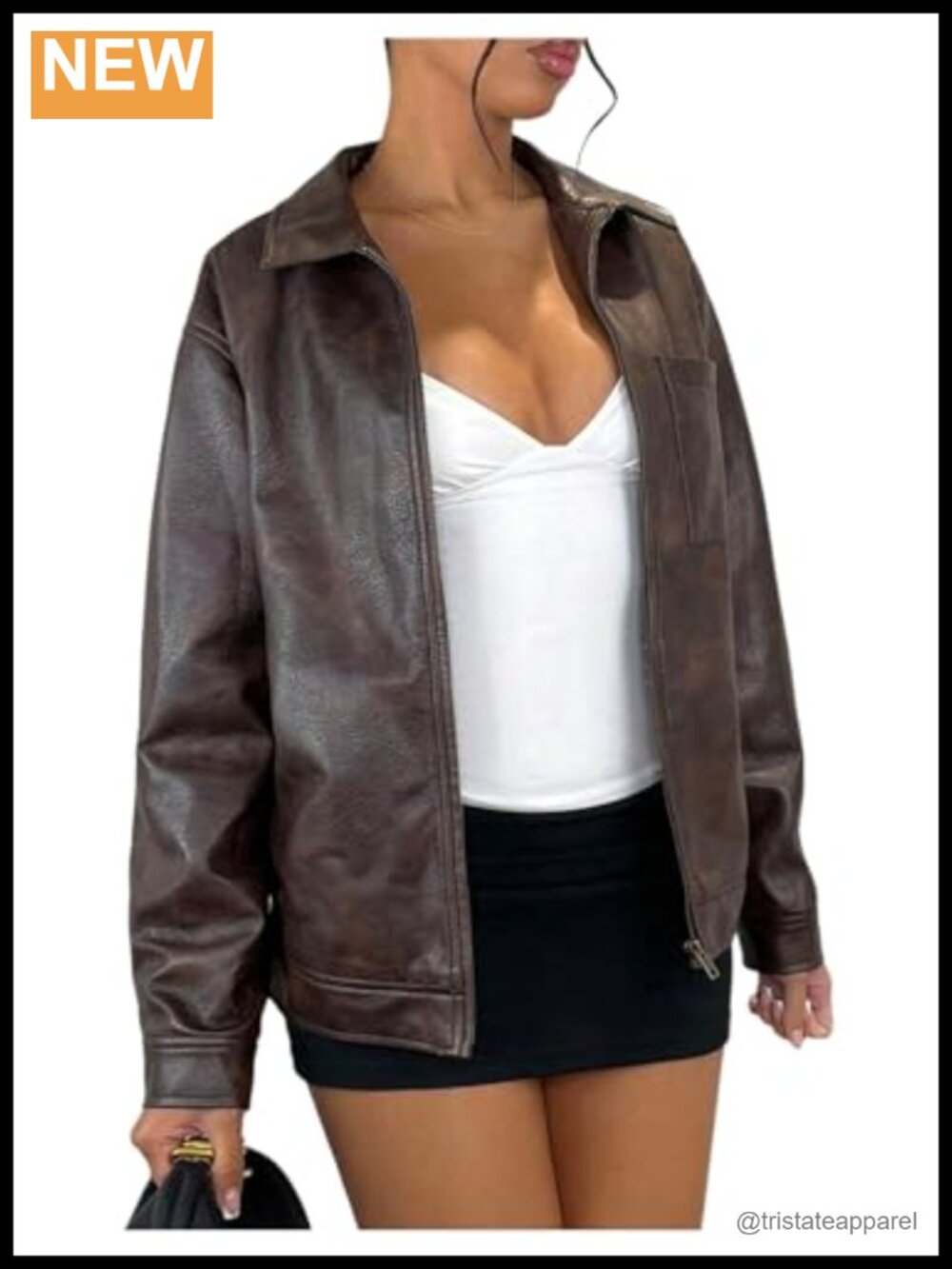 Women's Faux Leather Bomber Jacket Vintage Zip Up Long Sleeve Streetwear